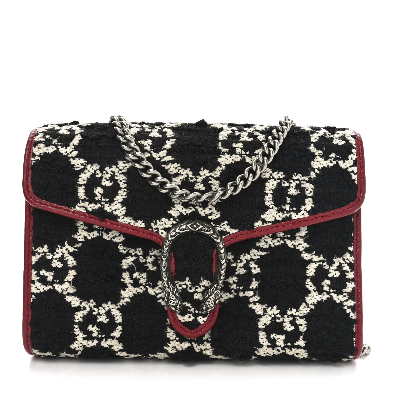 Tweed GG Monogram Mini Dionysus Chain Wallet Black White Romantic Cherry