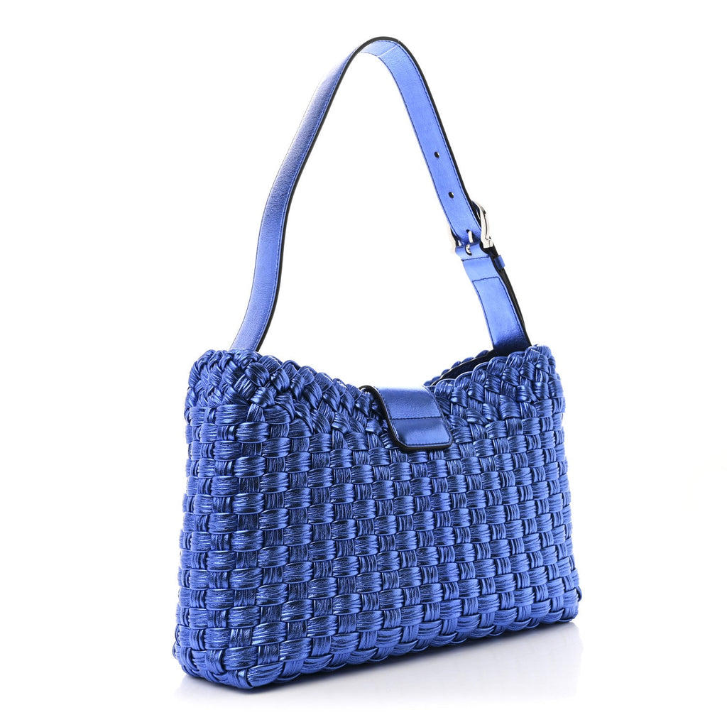 Metallic Woven Calfskin Trifolio Shoulder Bag Bluette