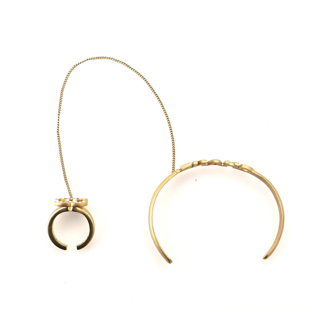 Logo Bangle with Chain Attached CC Ring Bracelet Metal with Crystal