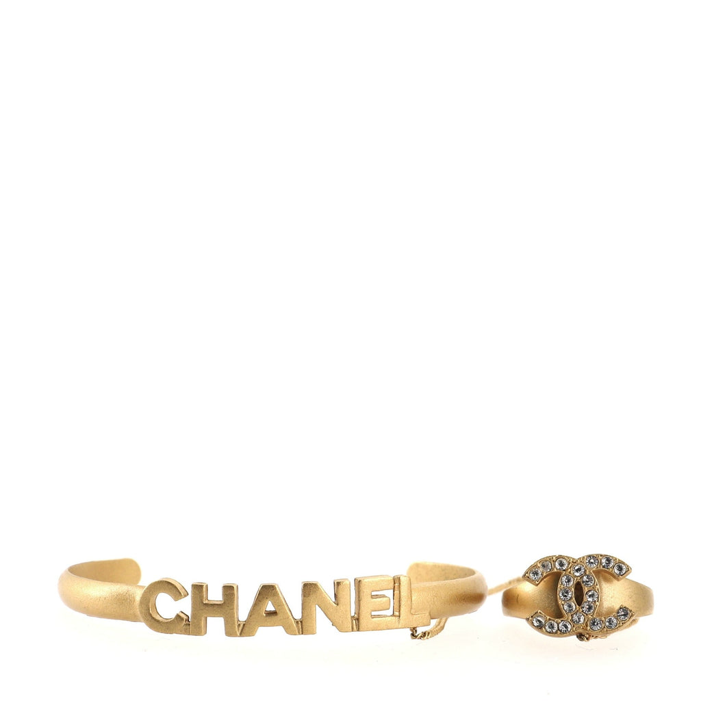 Logo Bangle with Chain Attached CC Ring Bracelet Metal with Crystal