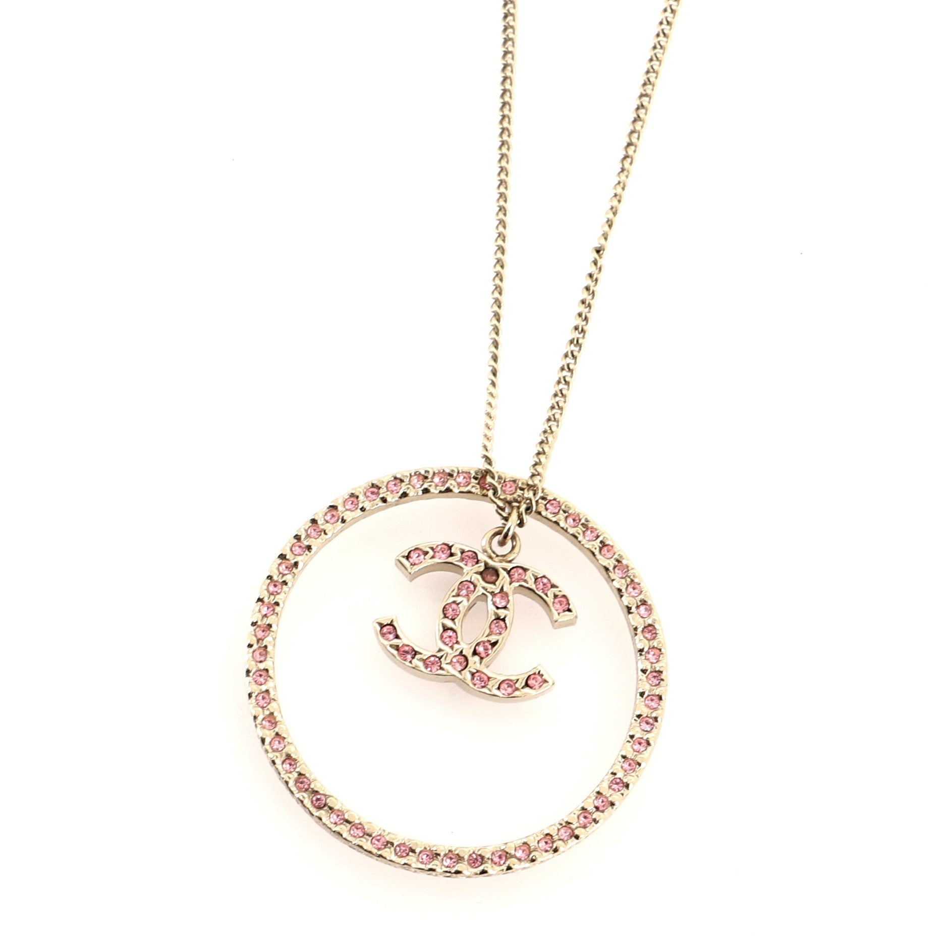 CC Circle Pendant Necklace Metal with Rhinestone