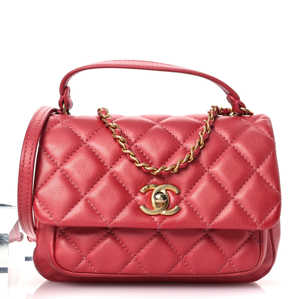 Metallic Calfskin Quilted Top Handle Flap Dark Pink
