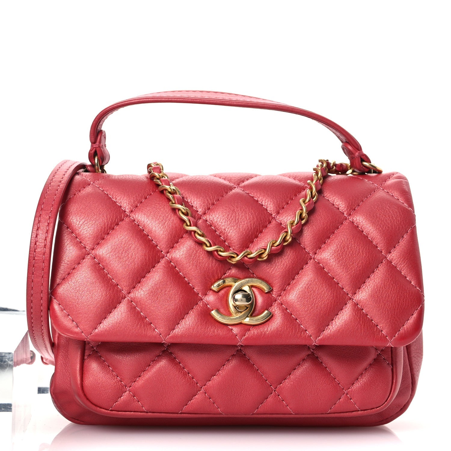 Metallic Calfskin Quilted Top Handle Flap Dark Pink