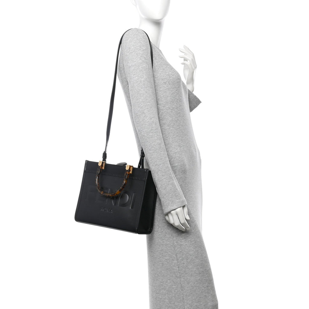 Vitello King Plexiglass Logo Embossed Small Fendi Sunshine Shopper Tote Black