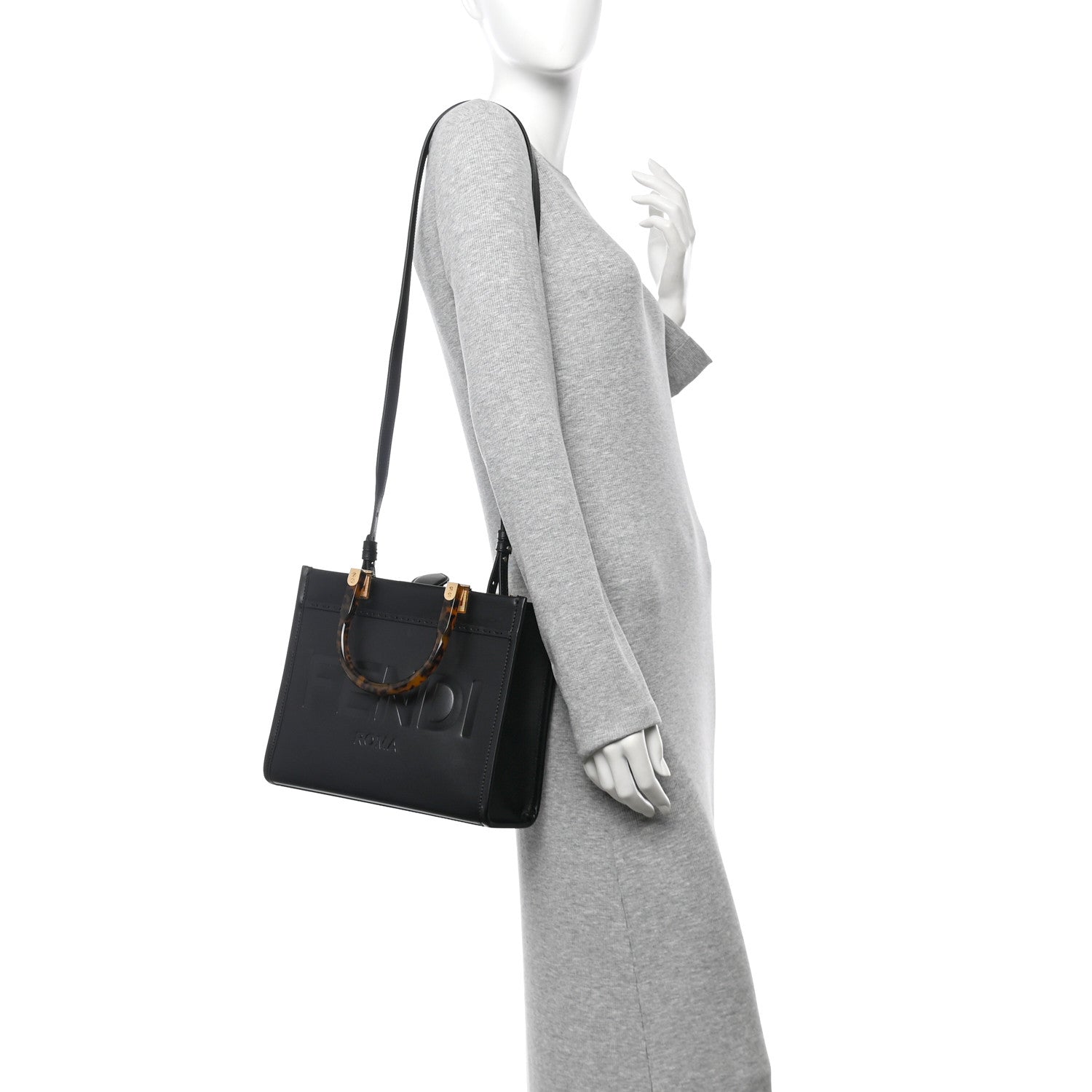 Vitello King Plexiglass Logo Embossed Small Fendi Sunshine Shopper Tote Black