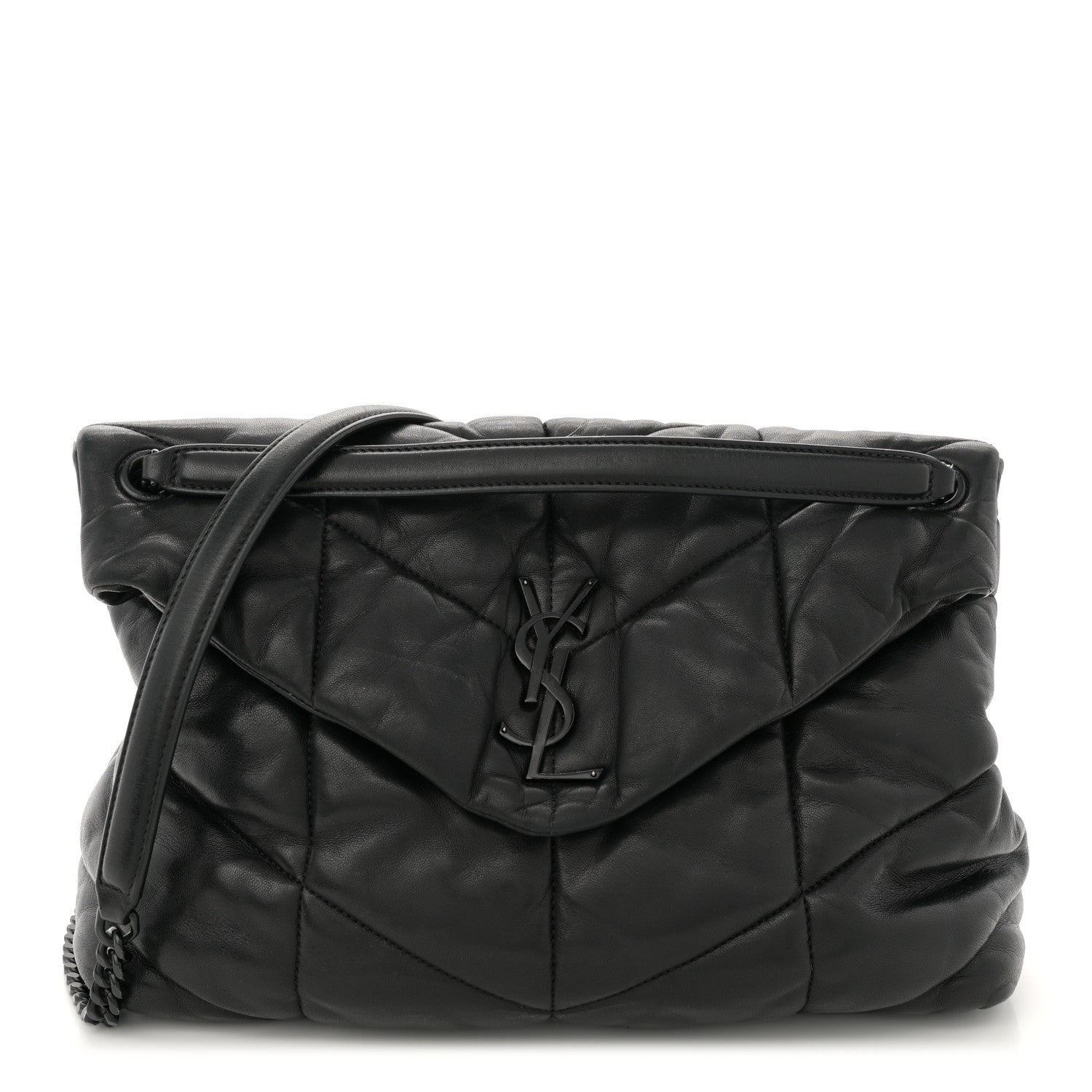 Lambskin Quilted Monogram Monochrome Medium Loulou Puffer Chain Satchel Black