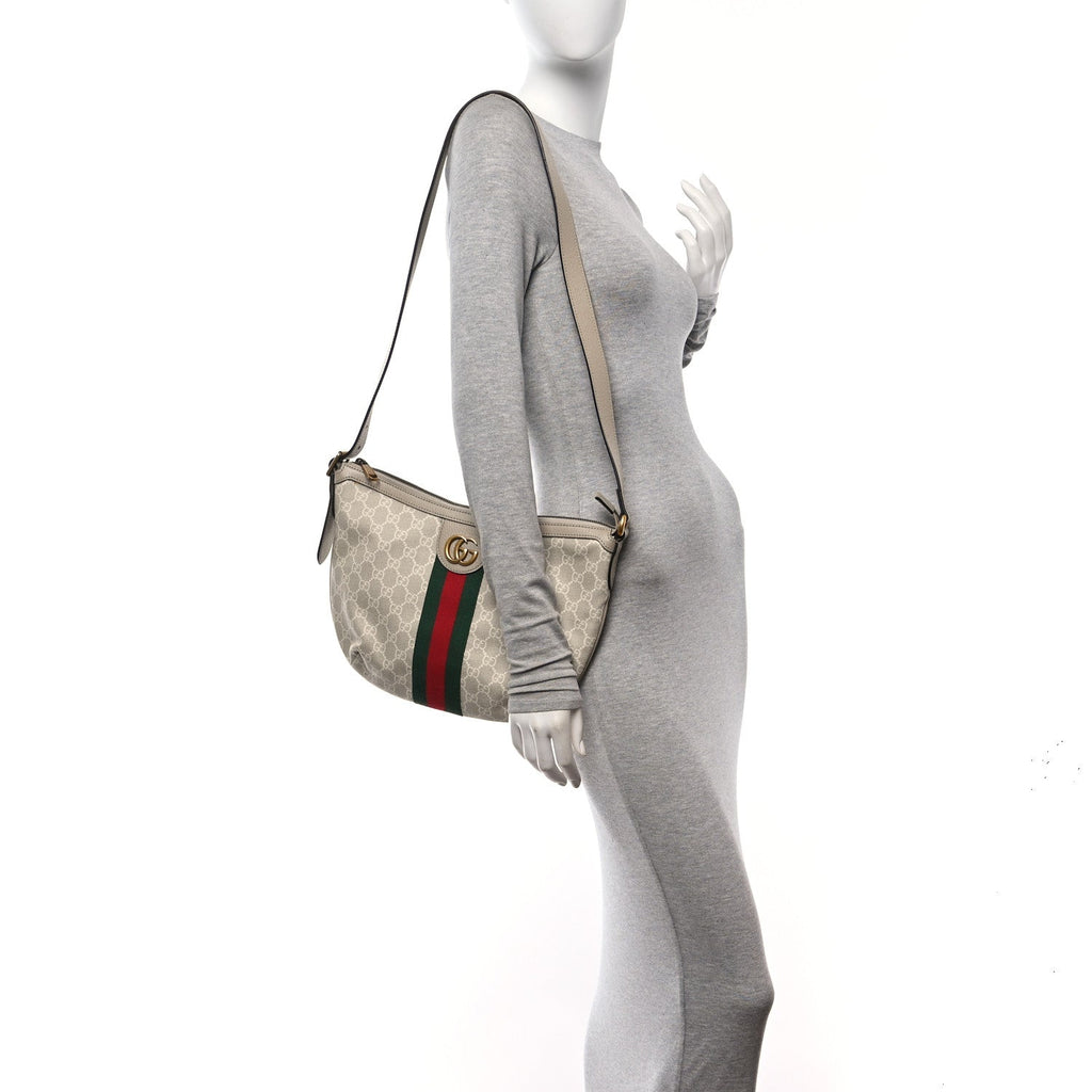 GG Supreme Monogram Textured Dollar Calfskin Web Small Ophidia Half Moon Hobo Beige Mystic White Oatmeal
