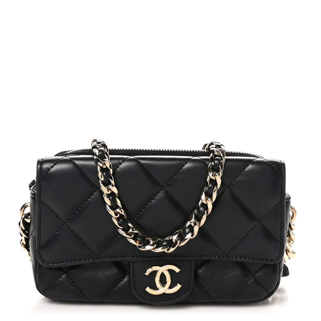 Lambskin Quilted Resin Bi-Color Flap Phone Holder With Chain Black