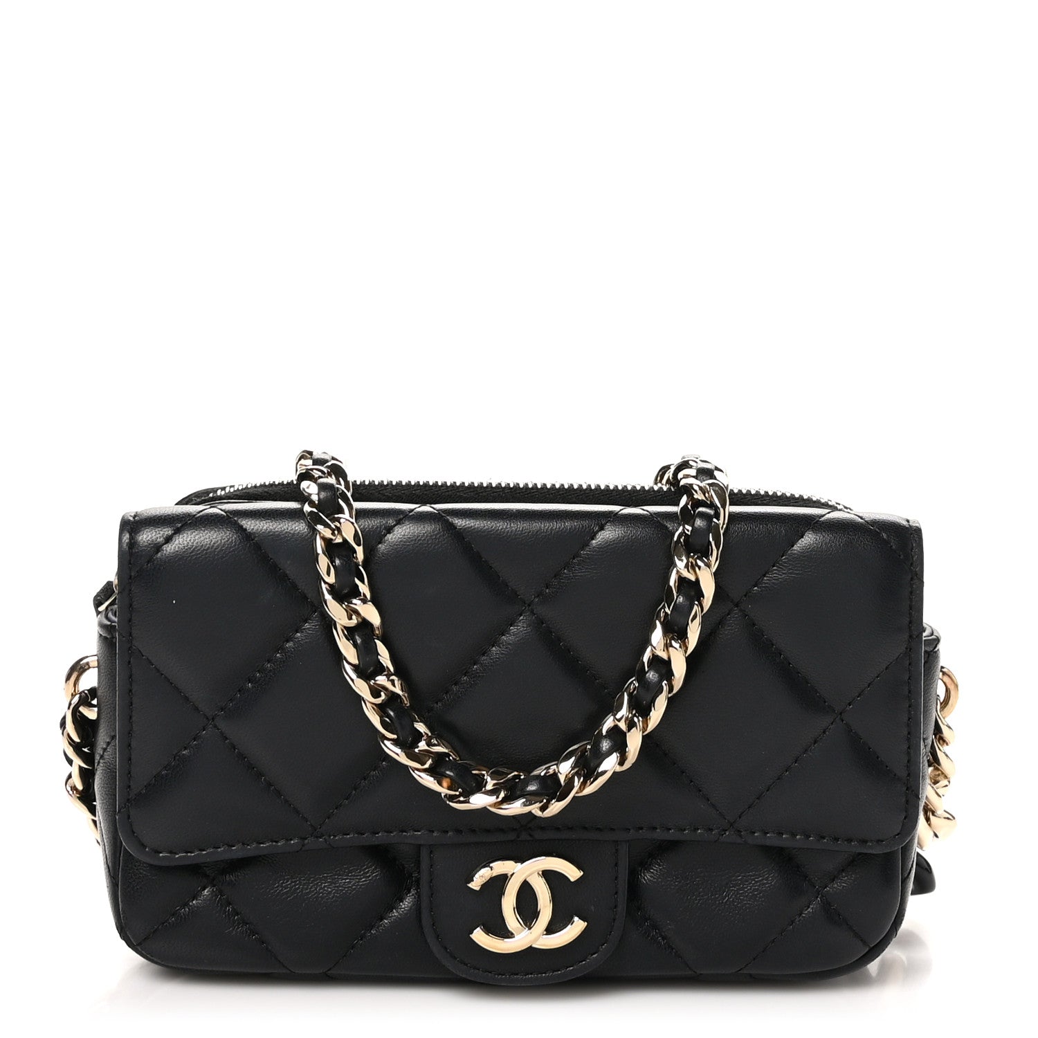 Lambskin Quilted Resin Bi-Color Flap Phone Holder With Chain Black