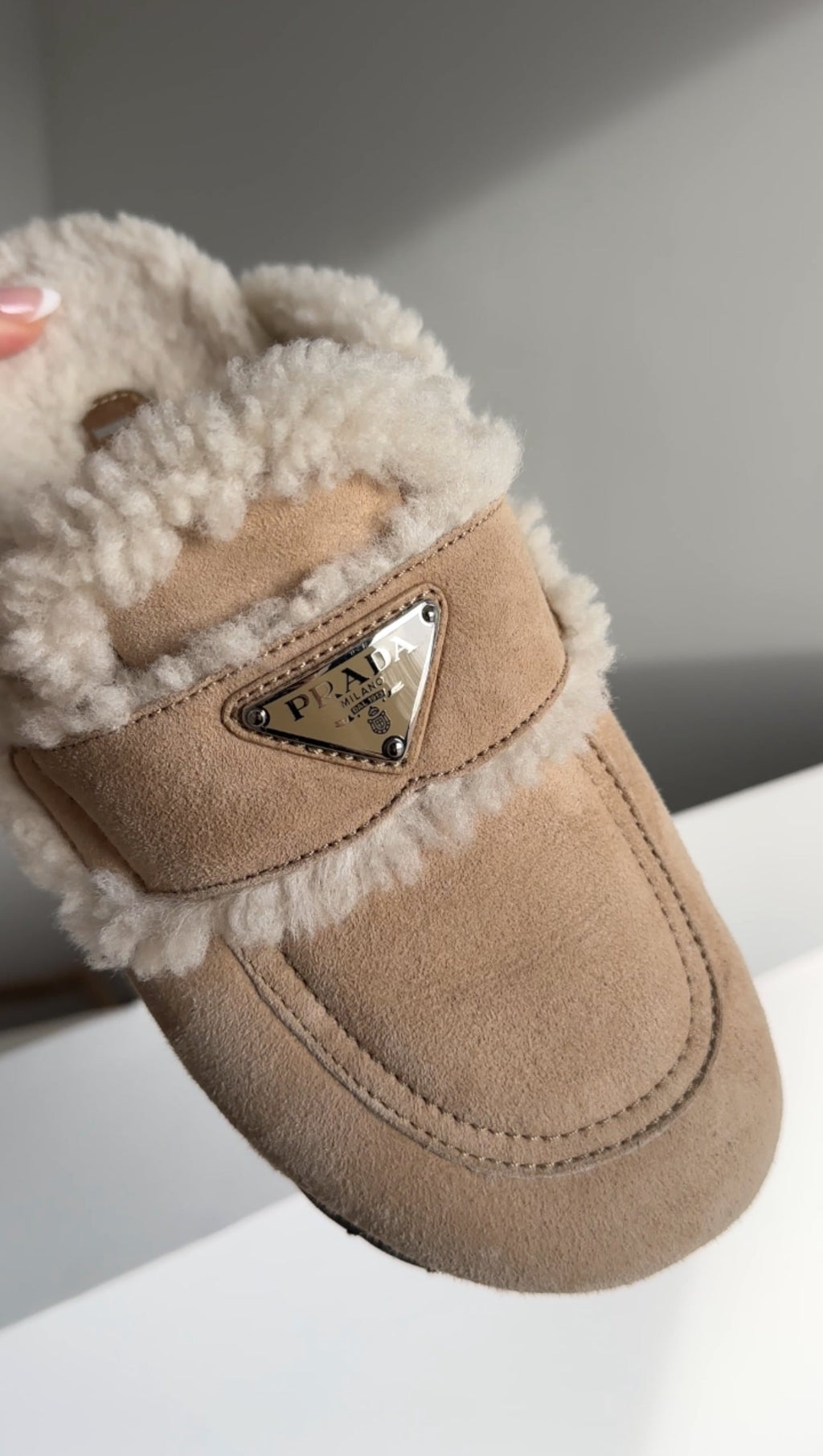 Prada Beige Shearling Slipper Slides - 37
