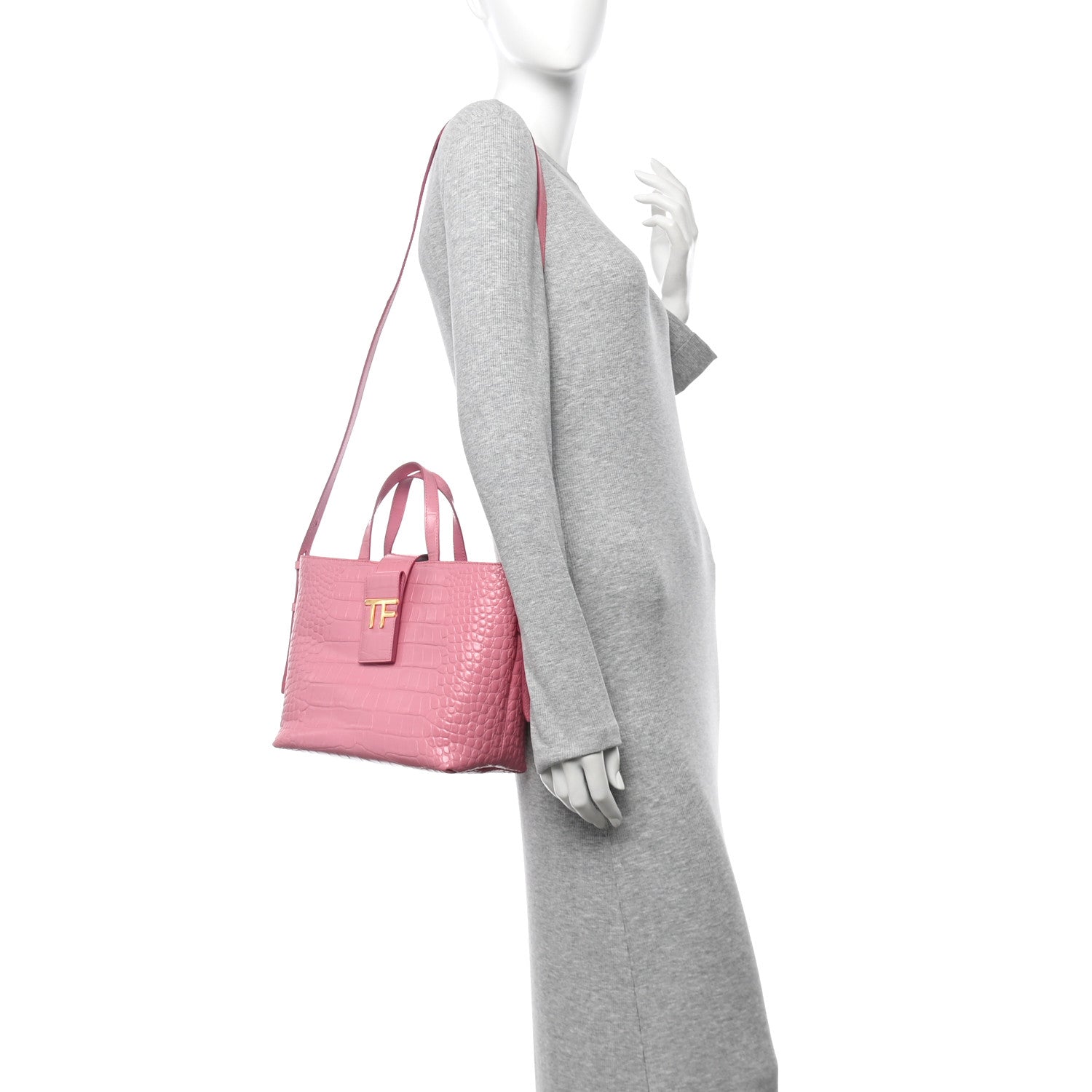 Calfskin Crocodile Embossed Mini TF East West Tote Rose Bloom