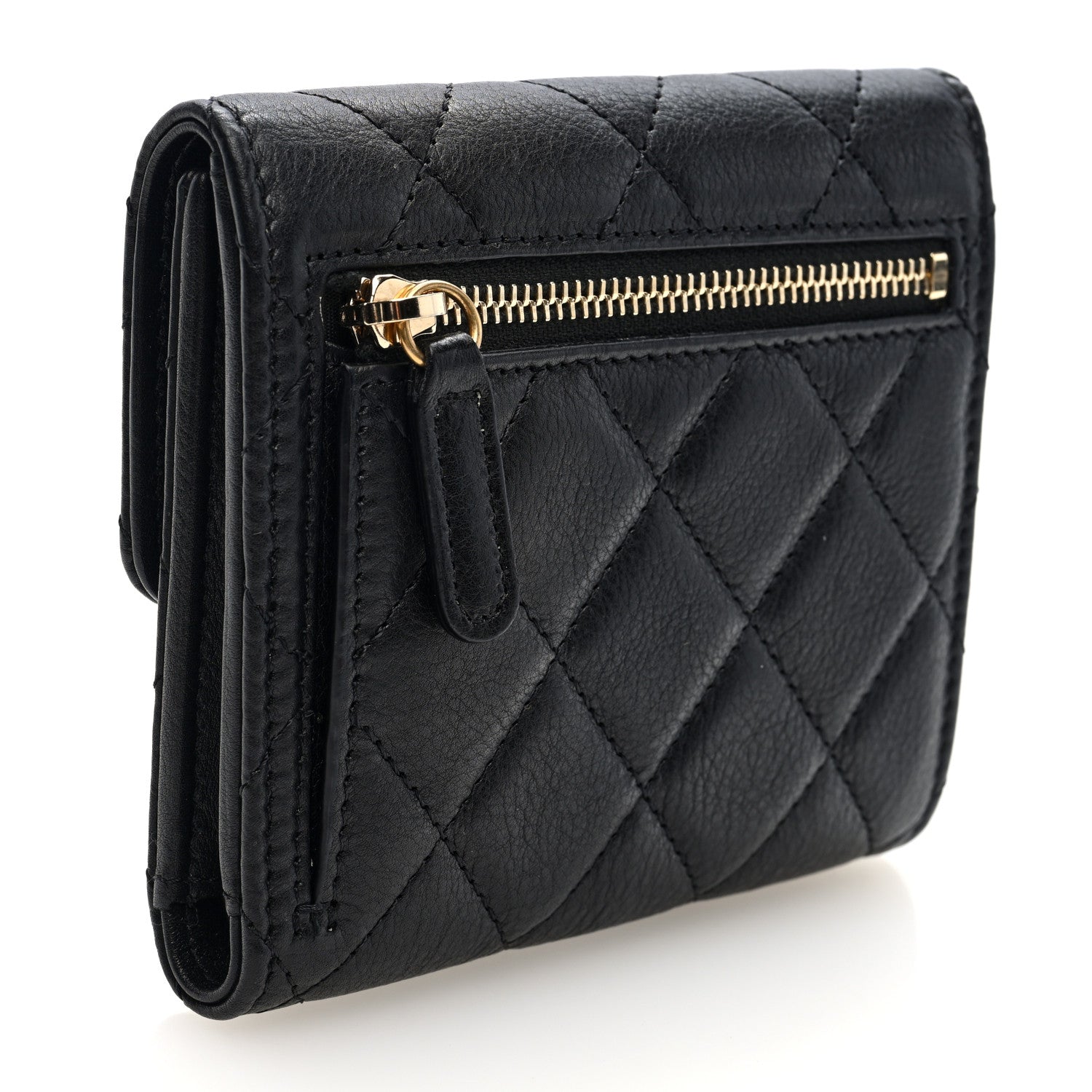 Calfskin Quilted Pearl CC Medium Flap Wallet  Black