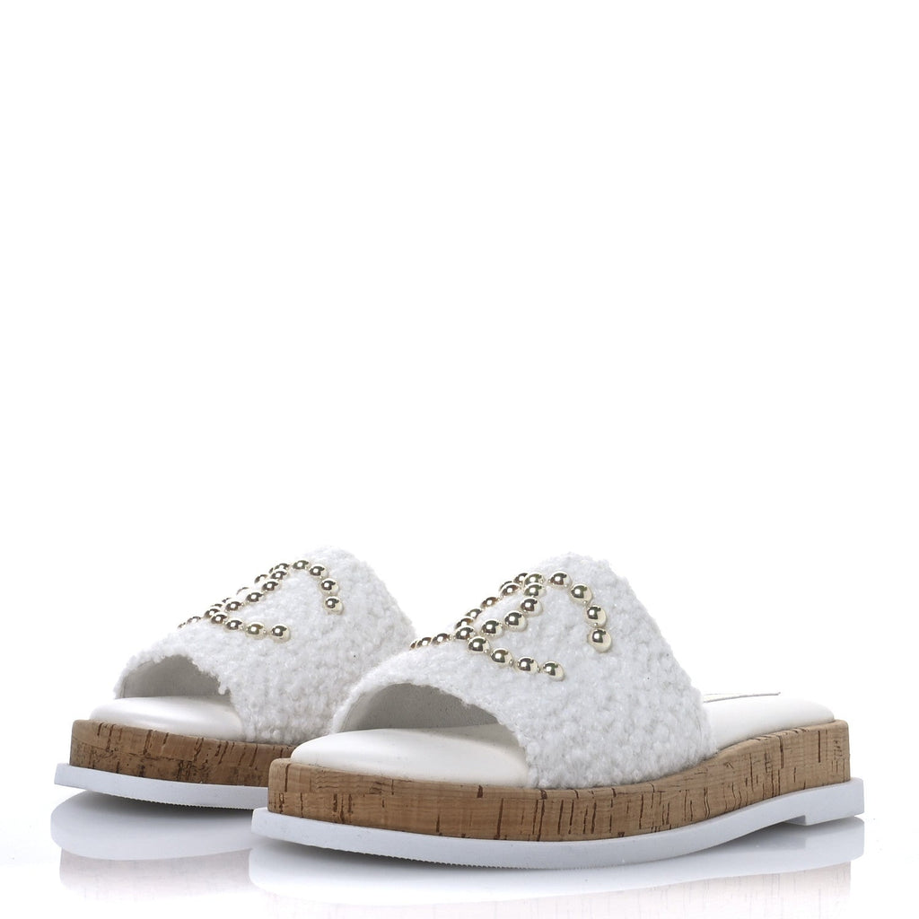 Fabric Pearl Cork CC Slip On Sandals 38 White