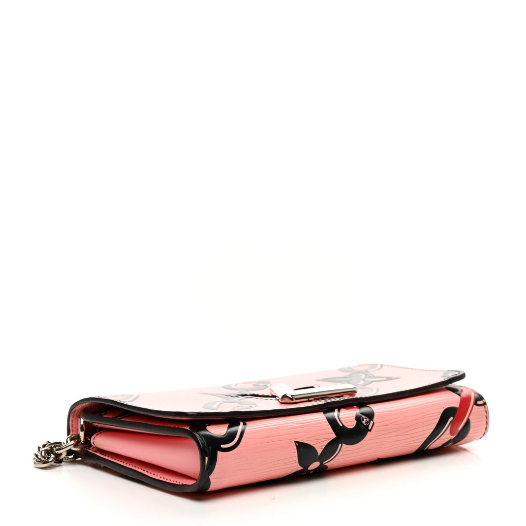 Epi Chain Flower Print Twist Chain Wallet Pink