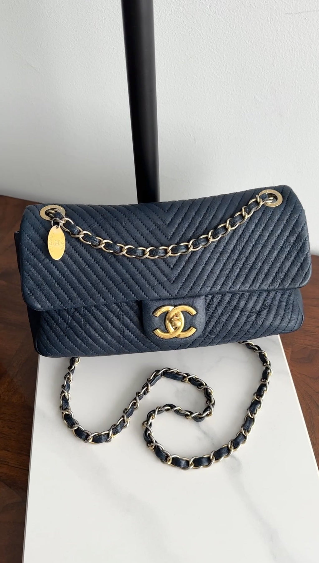 Chanel Surpique Chevron Navy Quilted Small Flap Bag