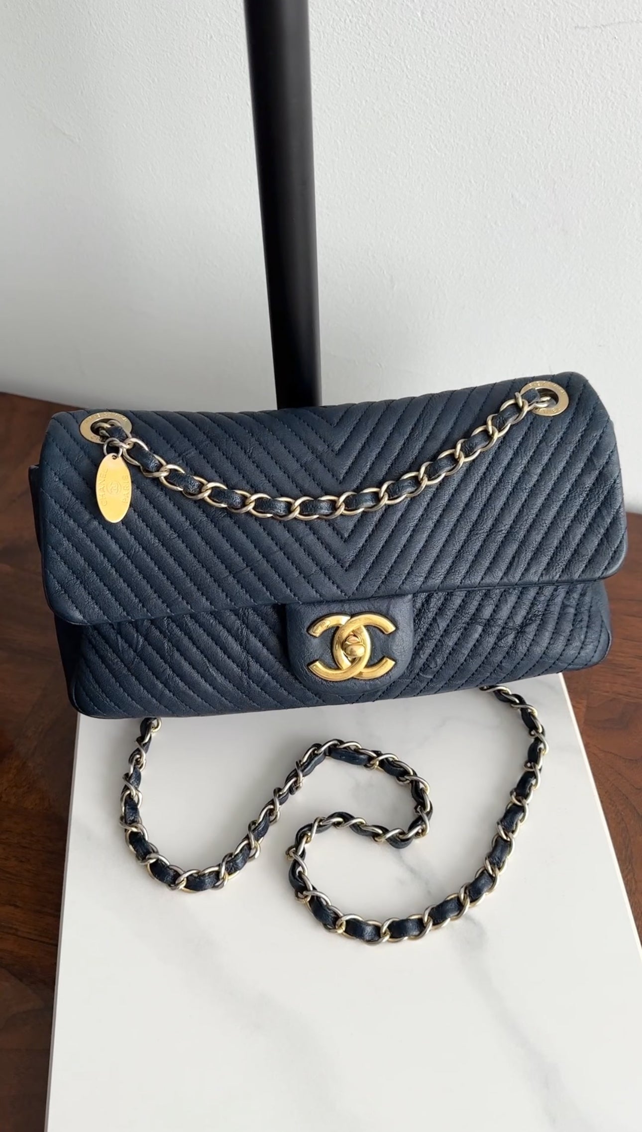 Chanel Surpique Chevron Navy Quilted Small Flap Bag