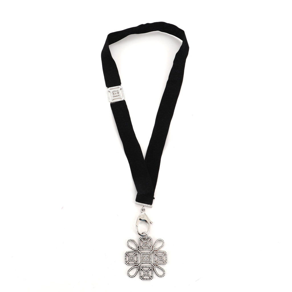 CC Cross Lanyard Necklace Grosgrain with Crystal Embellished Metal