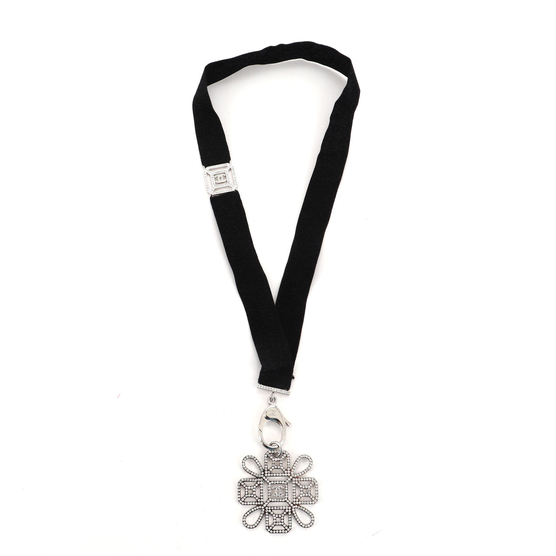 CC Cross Lanyard Necklace Grosgrain with Crystal Embellished Metal