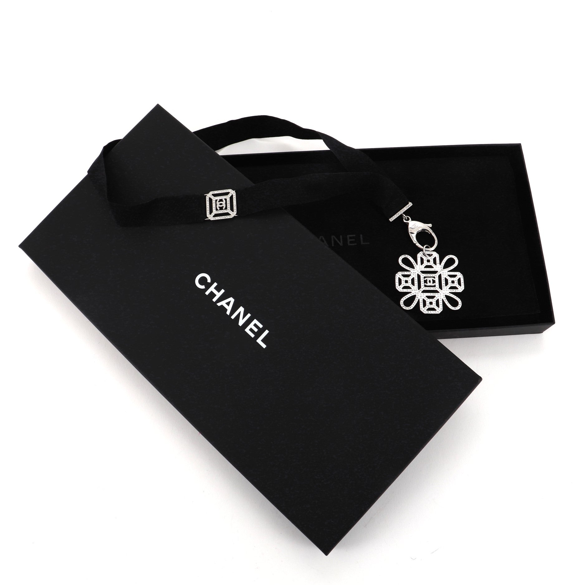 CC Cross Lanyard Necklace Grosgrain with Crystal Embellished Metal
