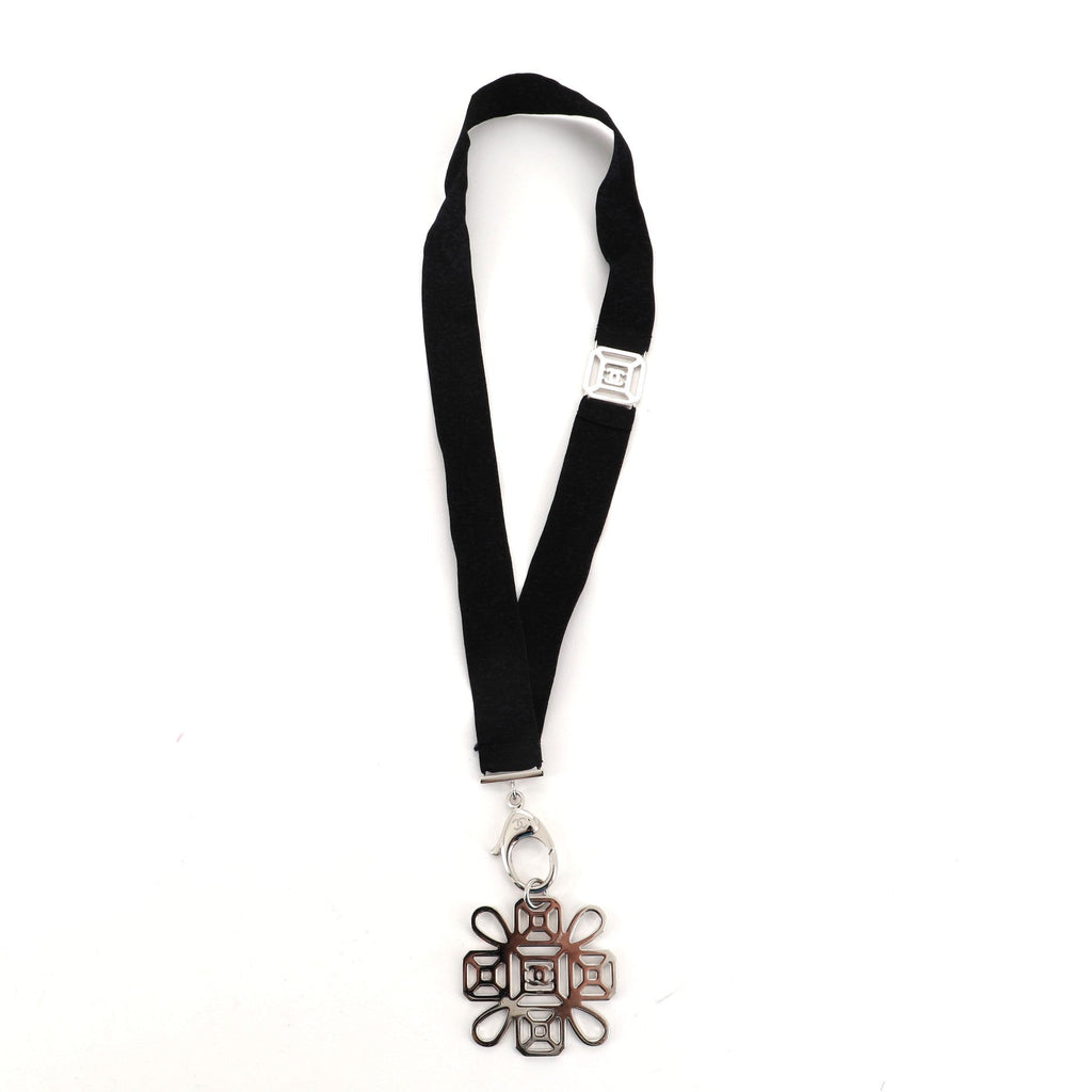 CC Cross Lanyard Necklace Grosgrain with Crystal Embellished Metal