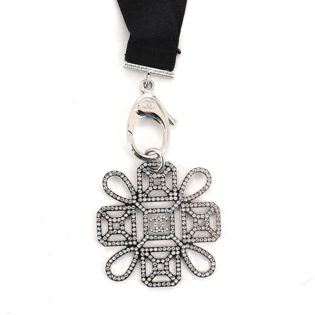 CC Cross Lanyard Necklace Grosgrain with Crystal Embellished Metal