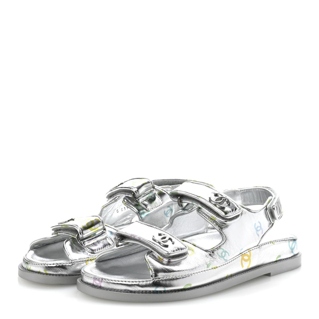 Laminated Lambskin Printed CC Dad Sandals 40 Silver Multicolor