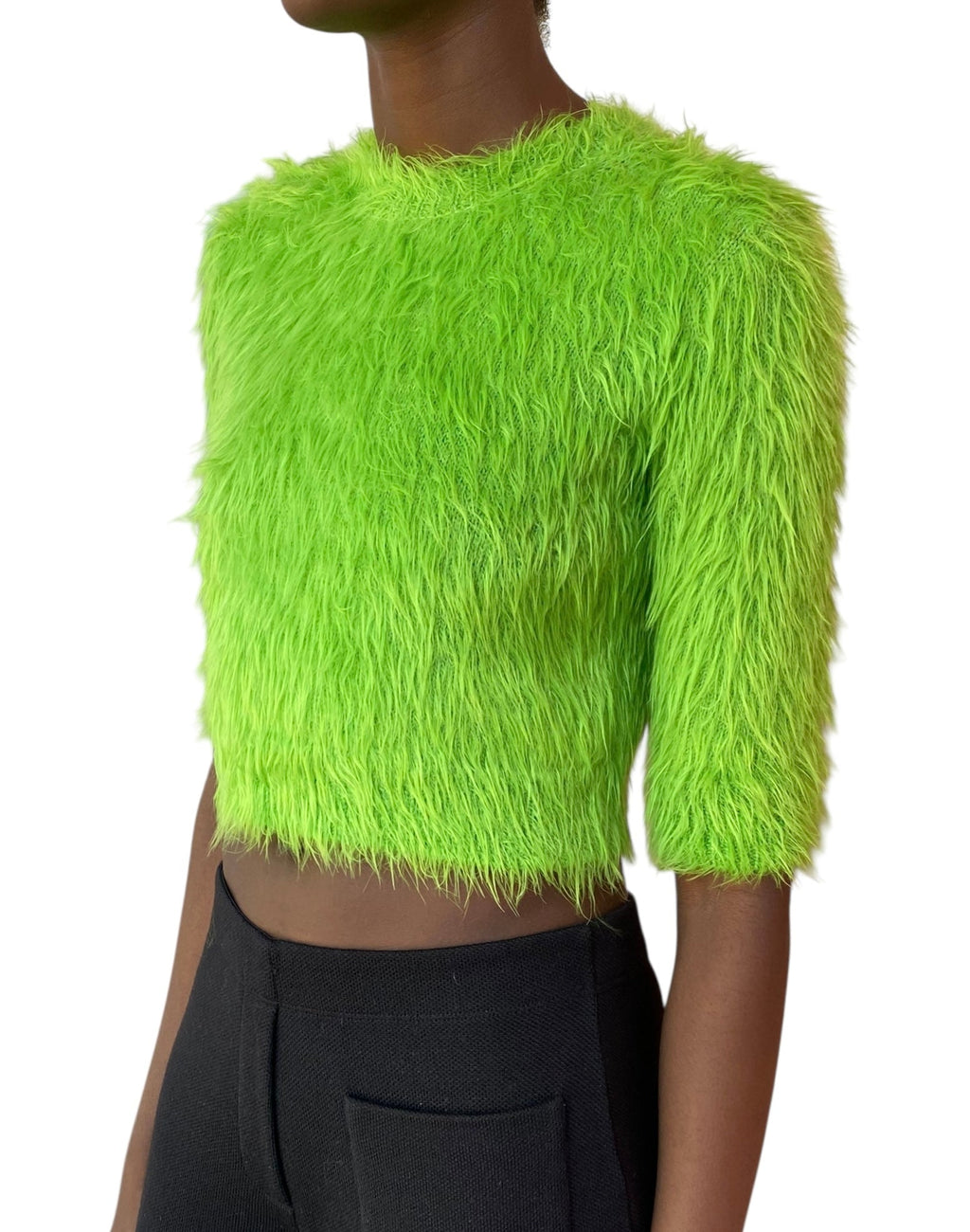 Gucci Green Faux Fur Cropped Knit Sweater - XS