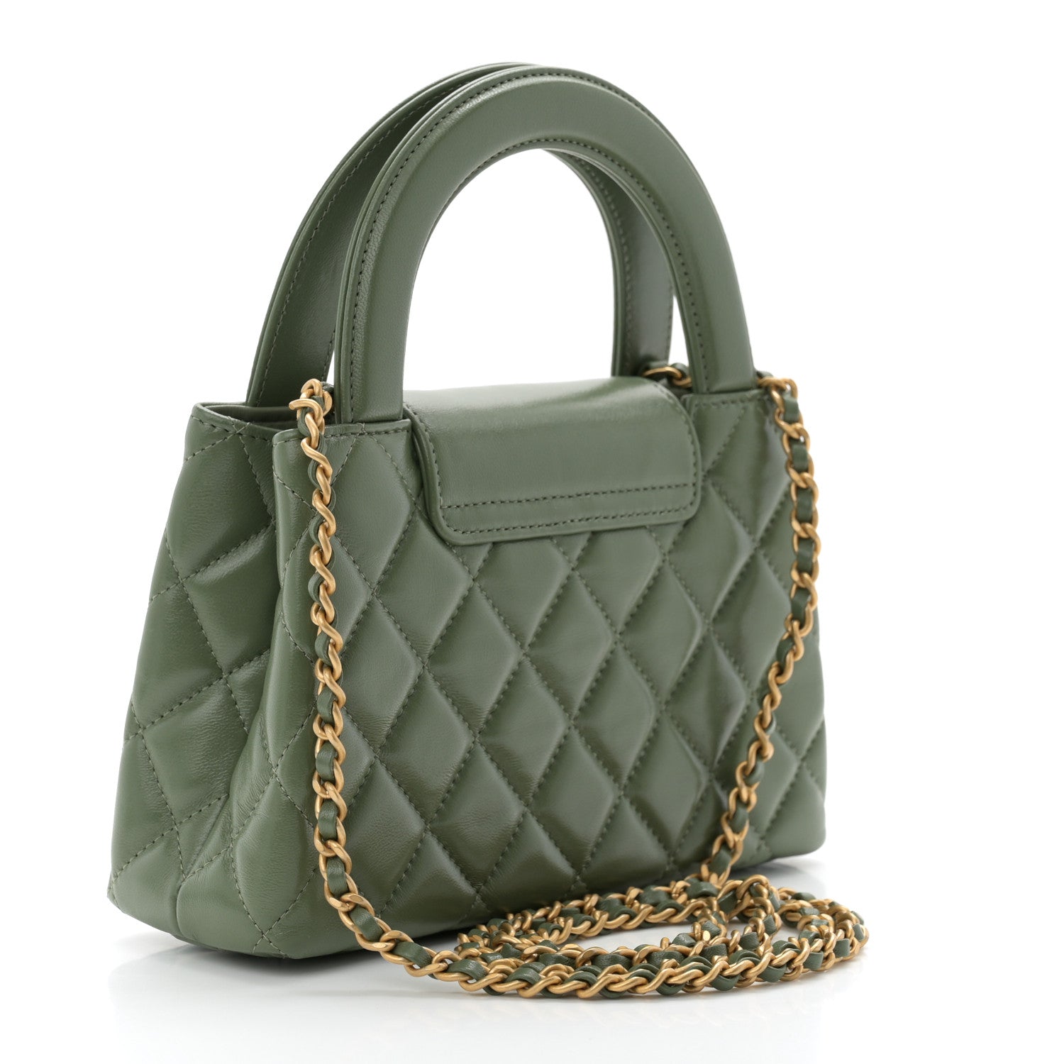 Shiny Aged Calfskin Quilted Nano Kelly Shopper Khaki
