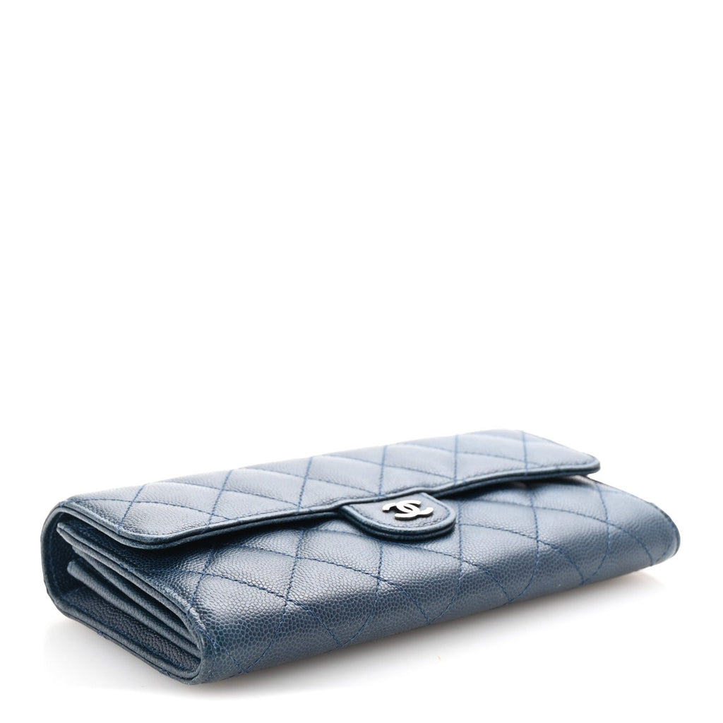 Caviar Quilted Large Gusset Flap Wallet Navy