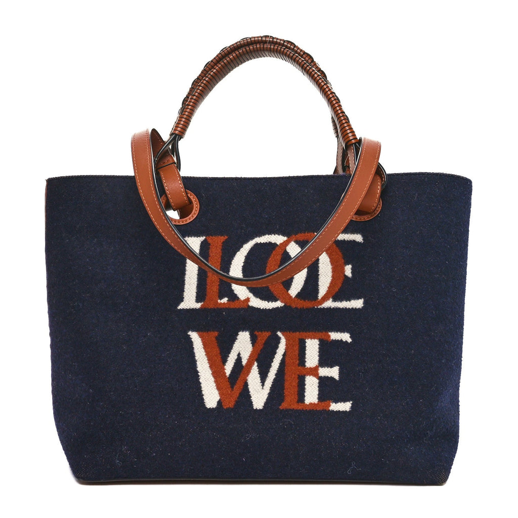 Wool Calfskin Small Love Anagram Tote Navy Tan