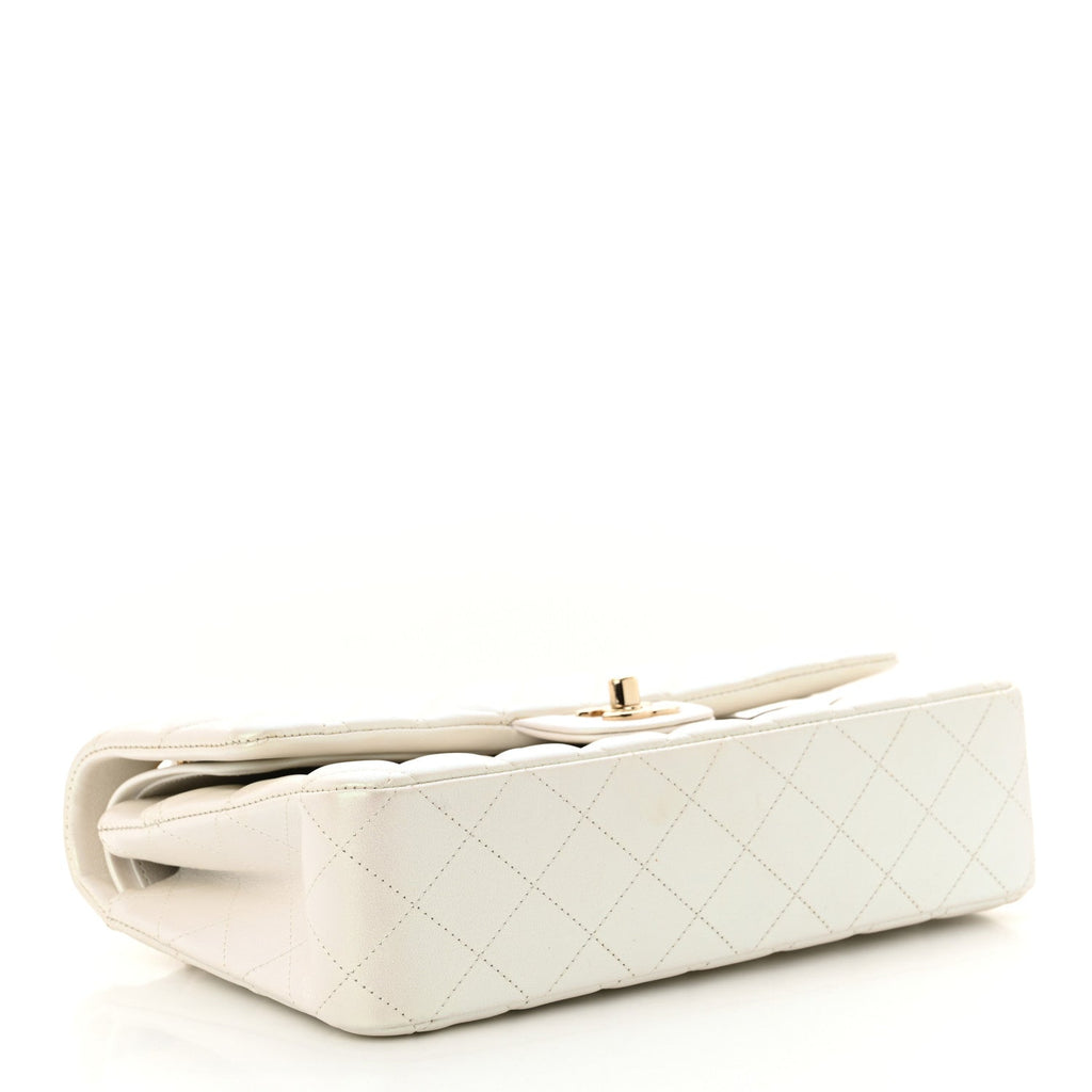 Iridescent Calfskin Quilted Medium Double Flap White