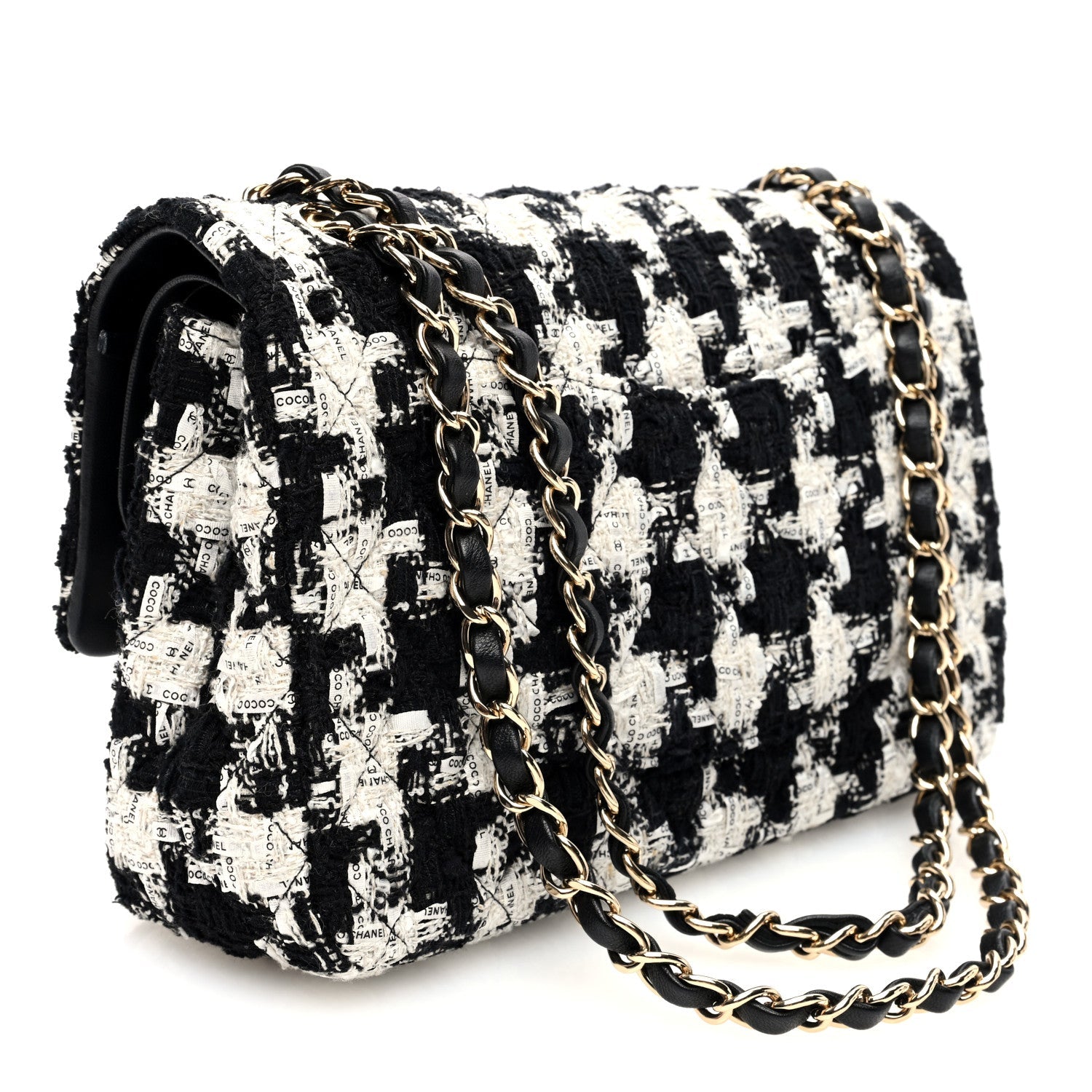 Tweed Quilted Medium Double Flap Black Ecru White