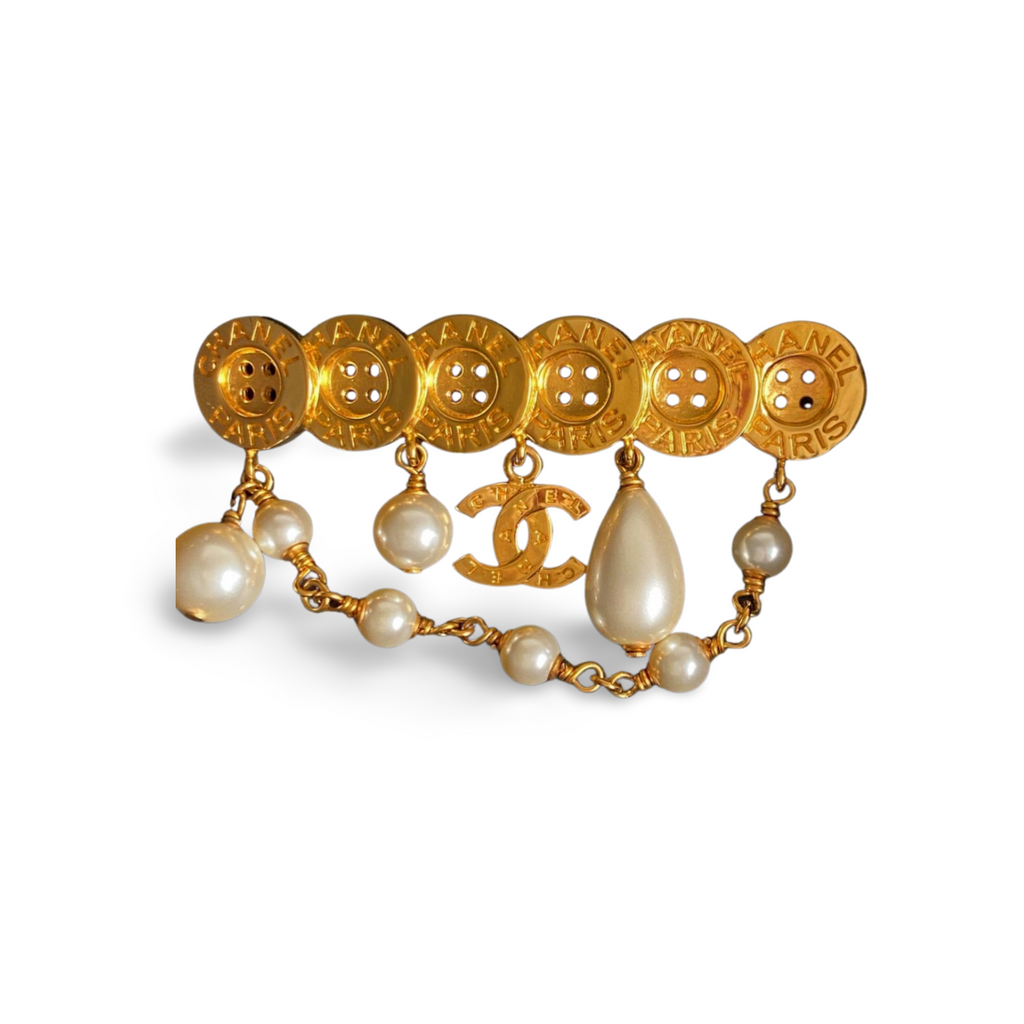 Chanel Yellow and White Pearls Button Brooch