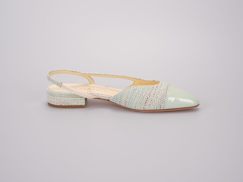 Chanel Light Green Tweed Slingback Patent Cap Toe Ballerinas 36