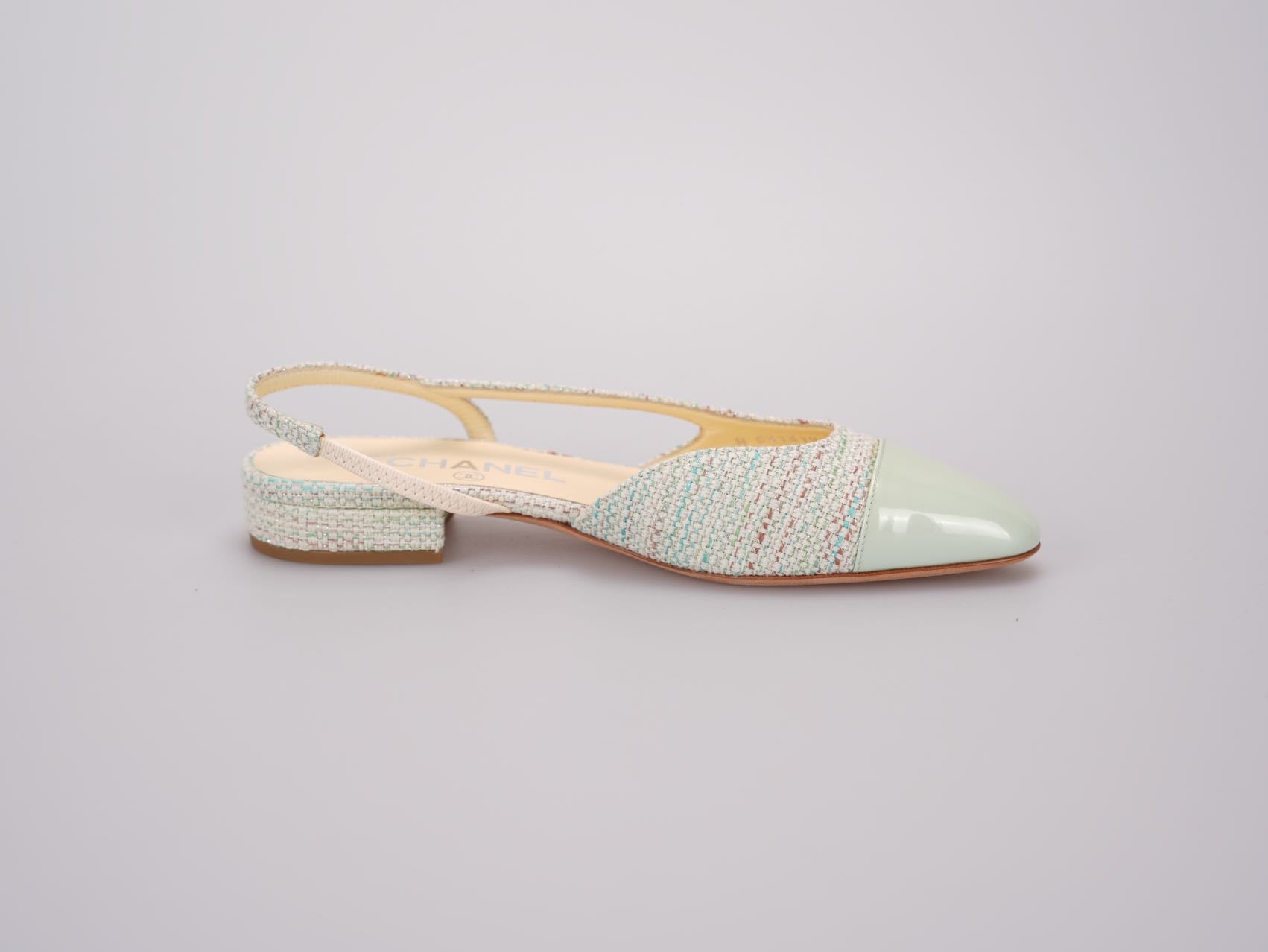 Chanel Light Green Tweed Slingback Patent Cap Toe Ballerinas 36