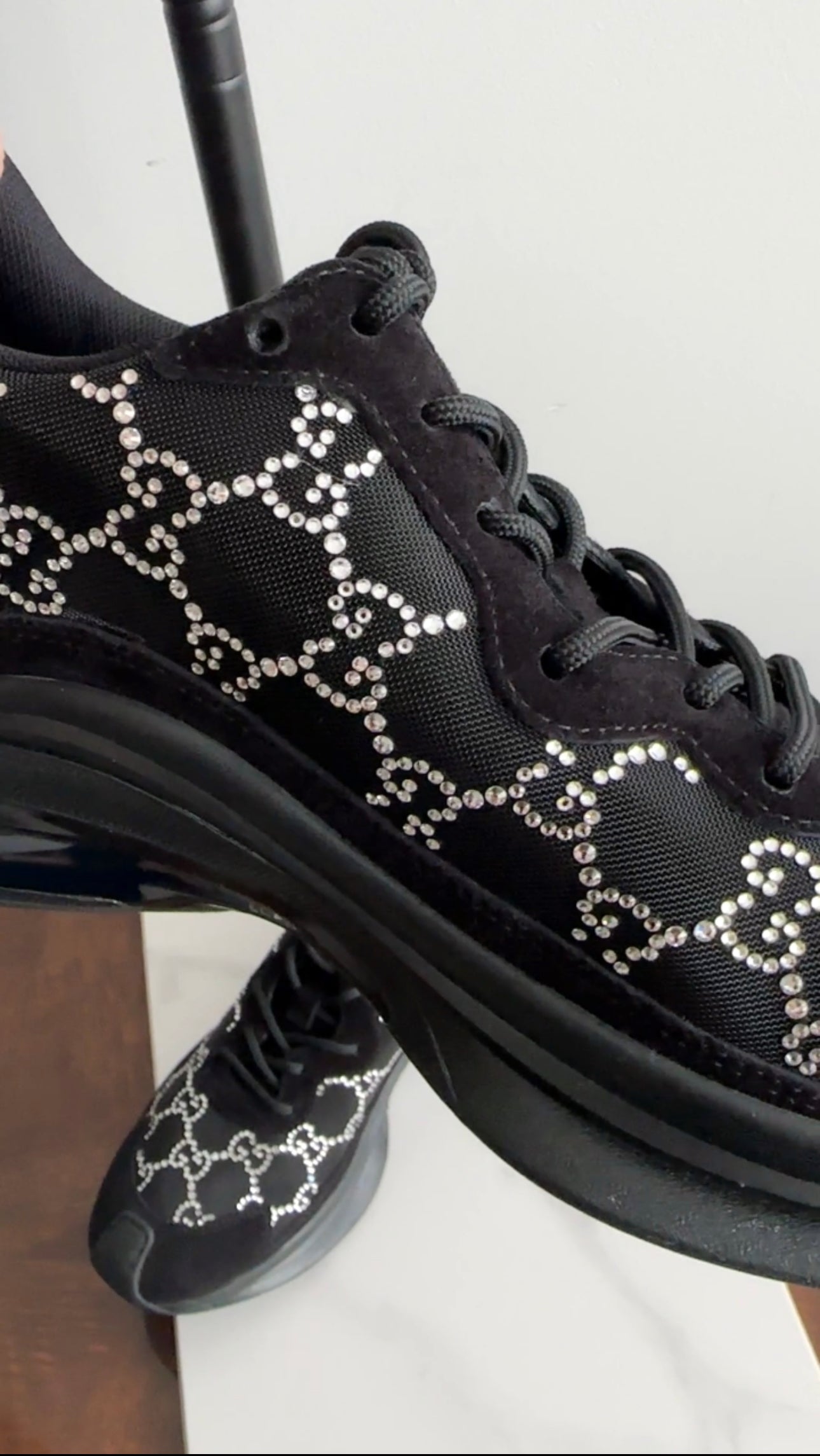 Gucci Run Black Mesh and Clear GG Monogram Crystal Sneakers -  40