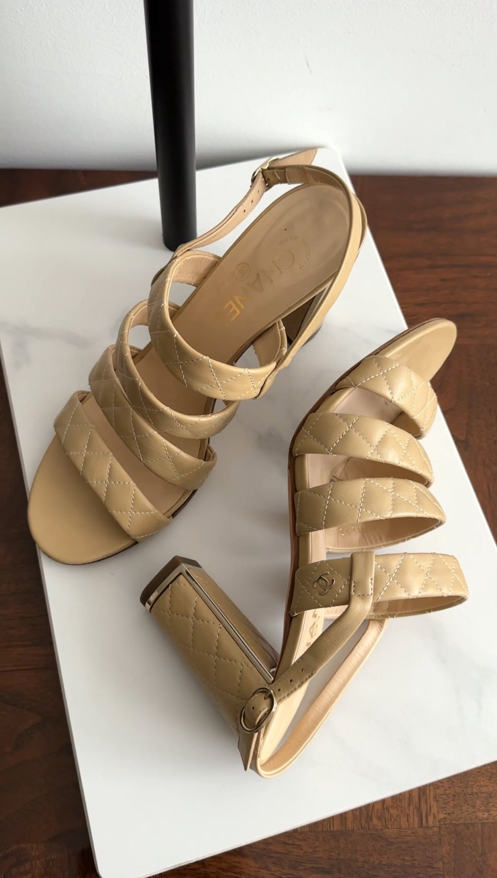 Chanel Beige Quilted Leather Block Heel Sandals - 40