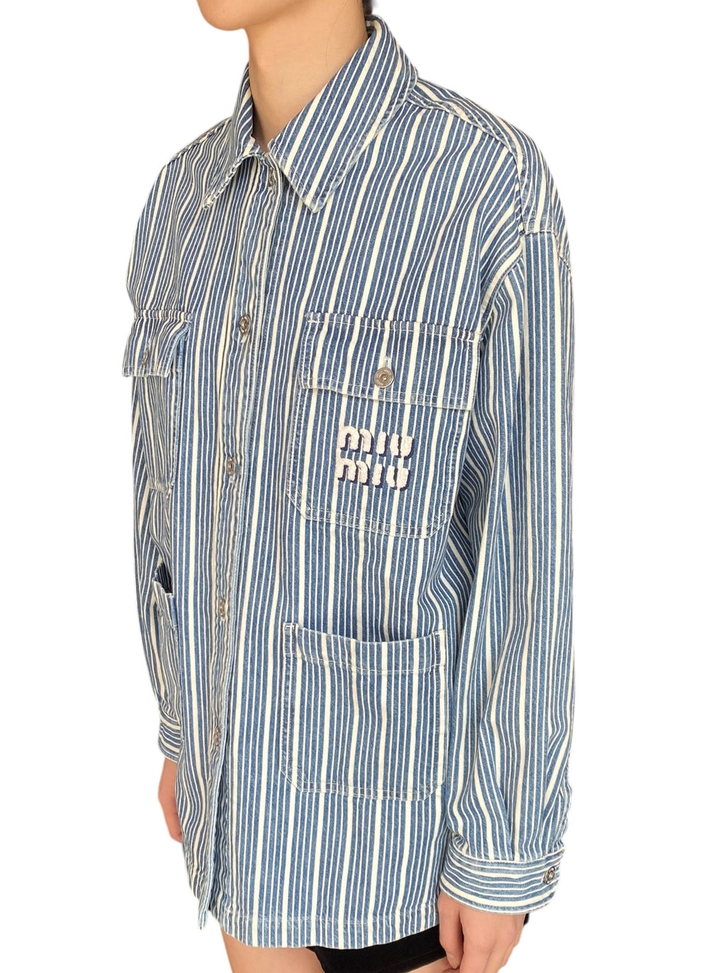 Miu Miu Blue Denim Striped Logo Jacket - 40 / US 6