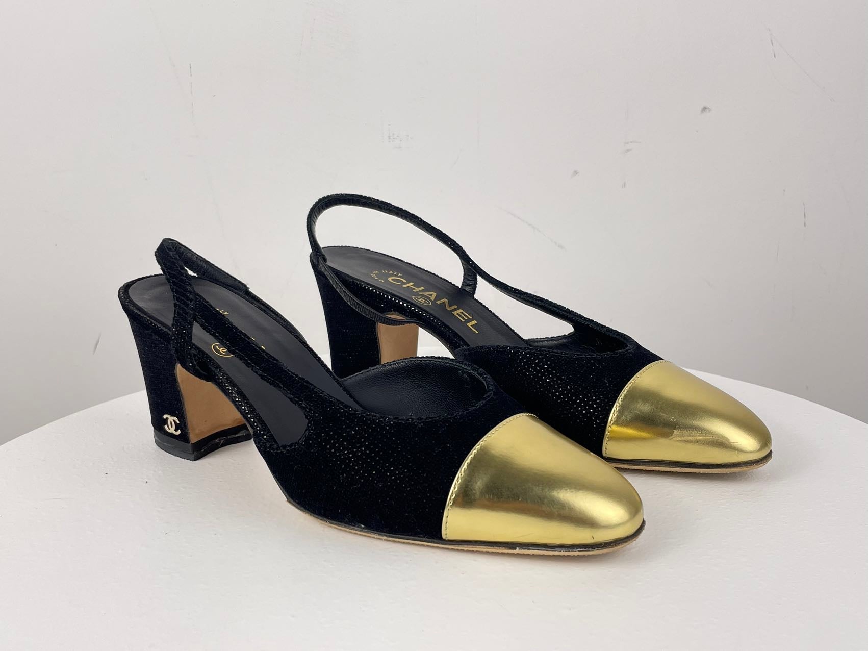 Chanel Tweed Black Gold Slingback Pumps with CC Logo 36