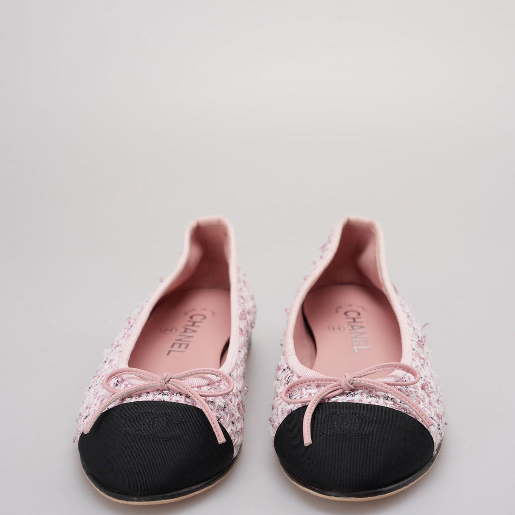 Chanel Pink Tweed Ballerina Flats with Black Cap Toe Size 37.5