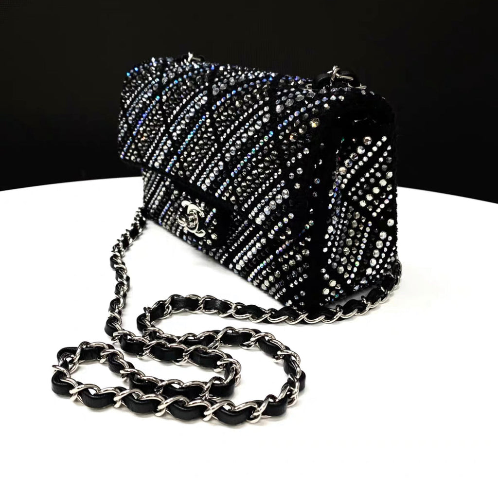 CHANEL 22A tweed, diamantés & silver metal black classic handbag