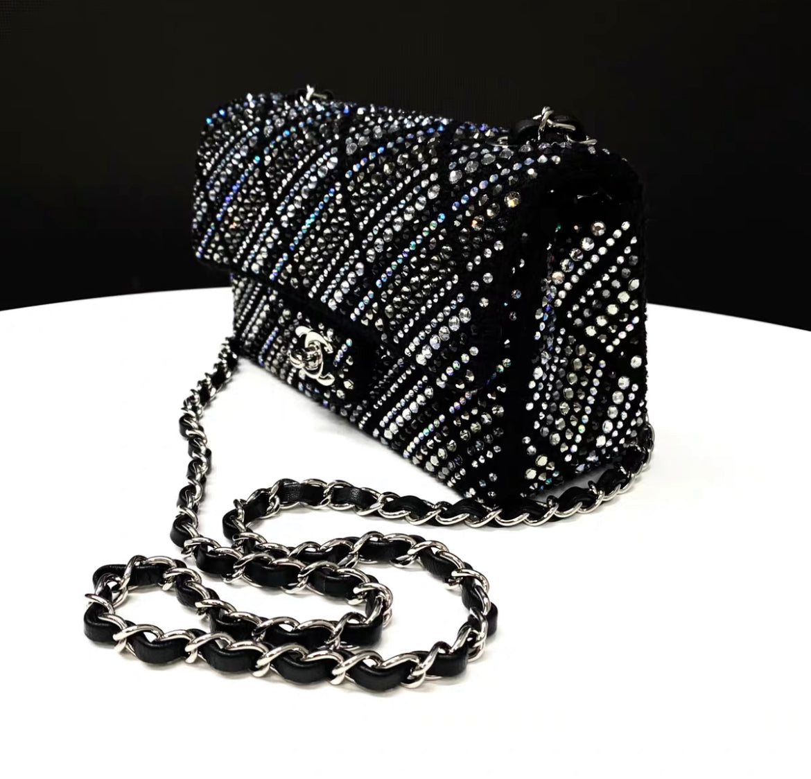 CHANEL 22A tweed, diamantés & silver metal black classic handbag
