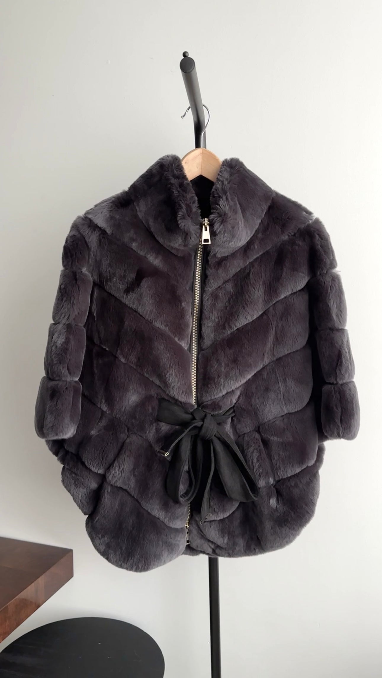 Lysa Lash Dark Charcoal Grey Rex Rabbit Fur Cape Jacket - S (4/6)