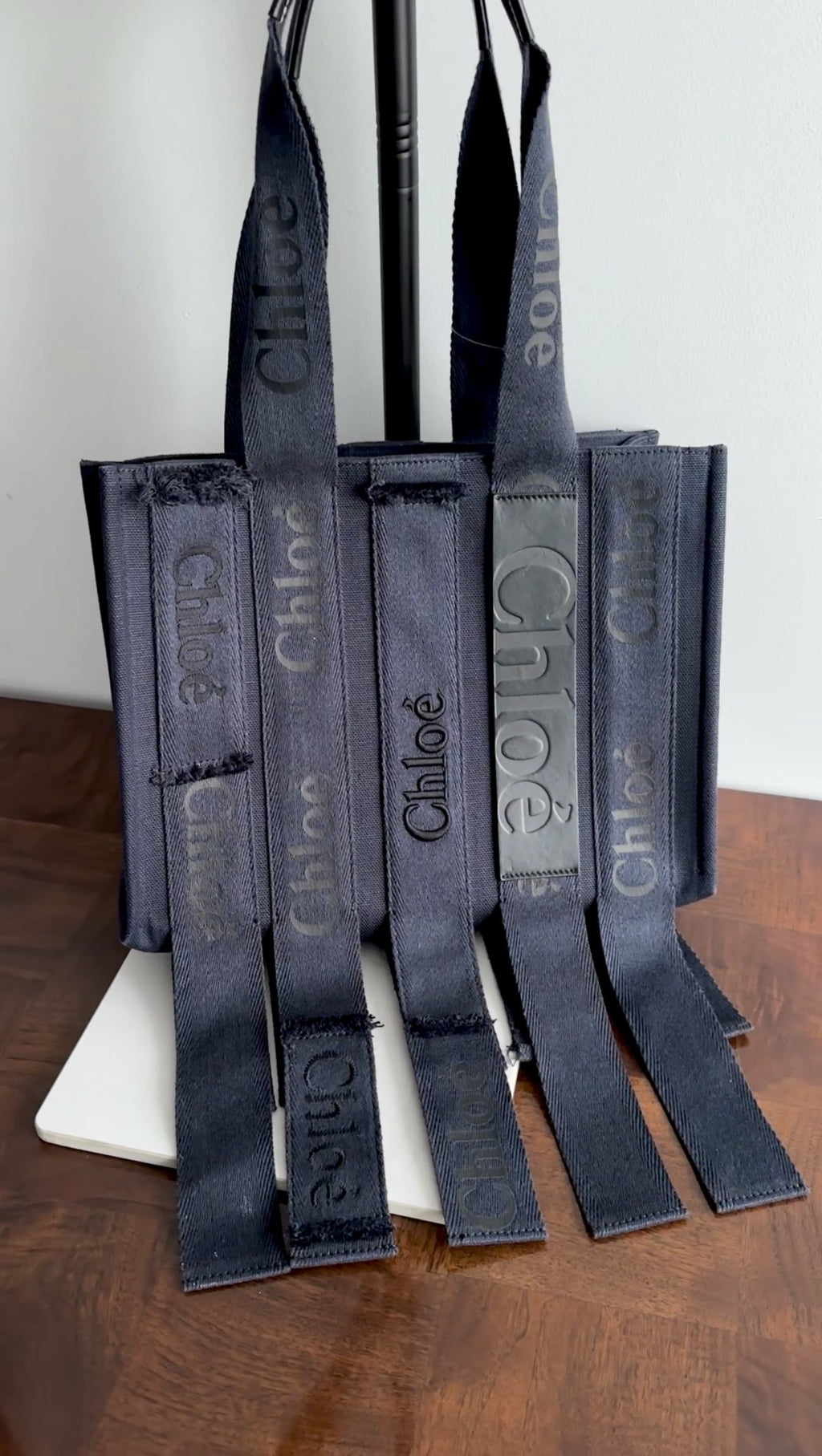 Chloe Navy Woody Medium Fringe Tote Bag