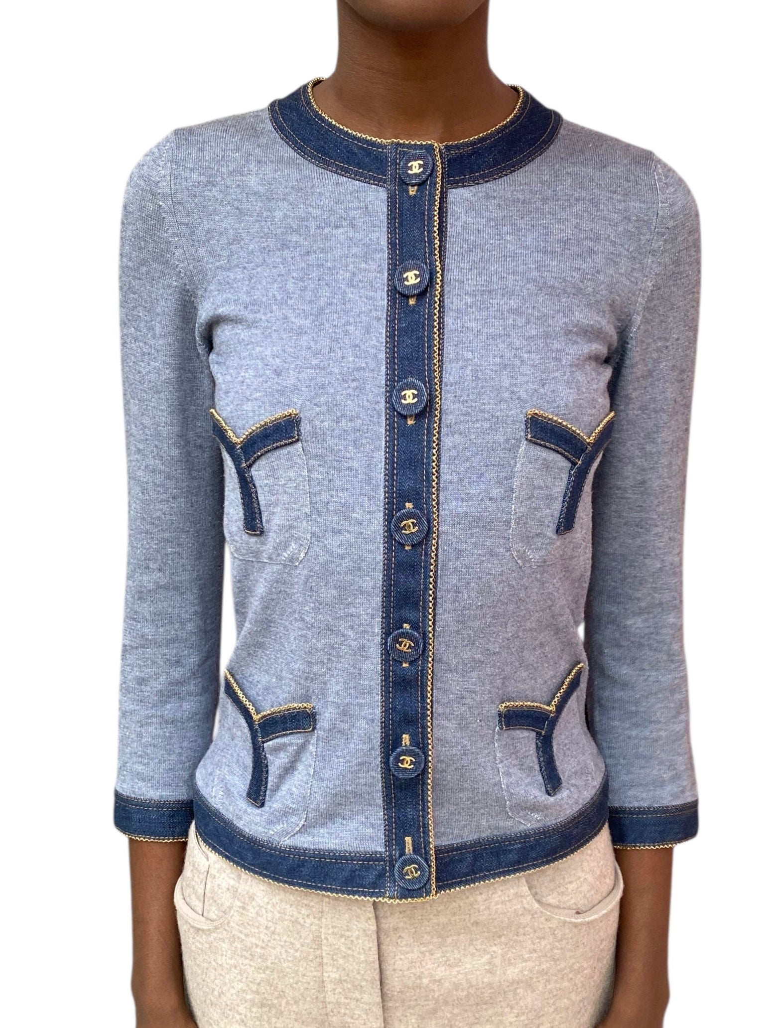 Chanel P07 Blue Denim Trimmed igan - 38 / US 6
