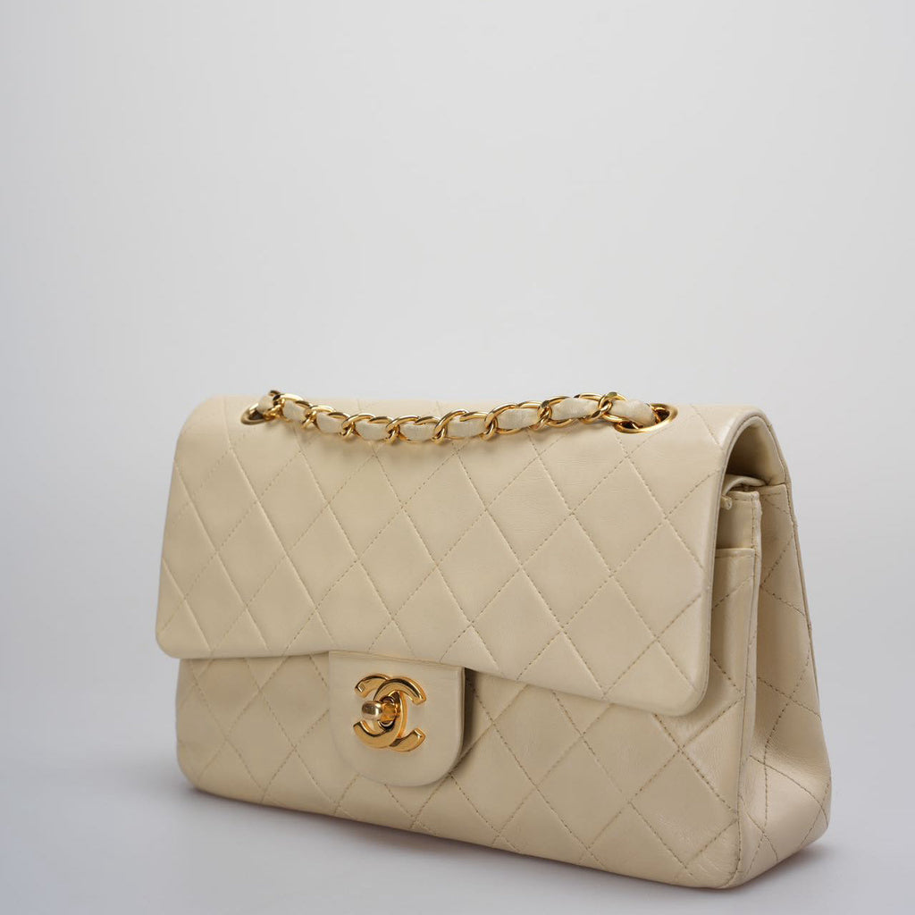 Chanel Vintage Small Classic Double Flap Bag in Beige with 24K Gold Hardware