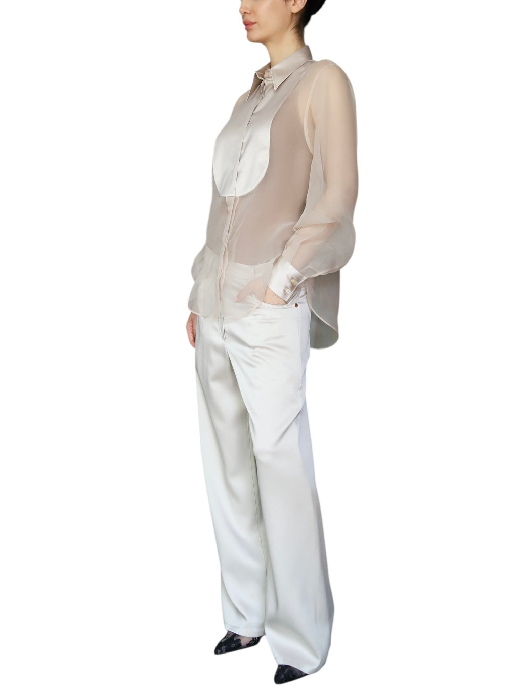 Brunello Cucinelli Beige Sheer Silk Tux Shirt - M