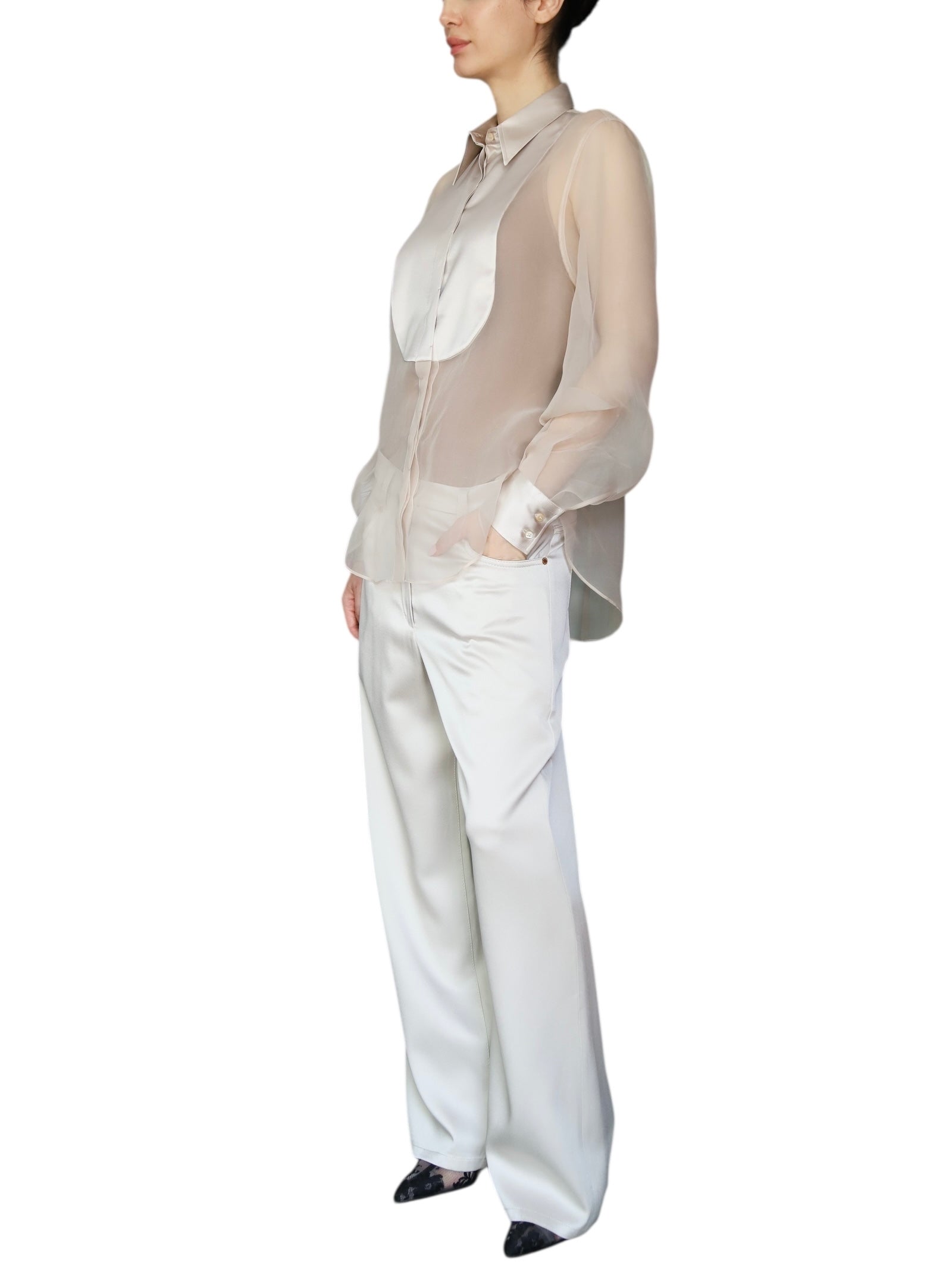 Brunello Cucinelli Beige Sheer Silk Tux Shirt - M