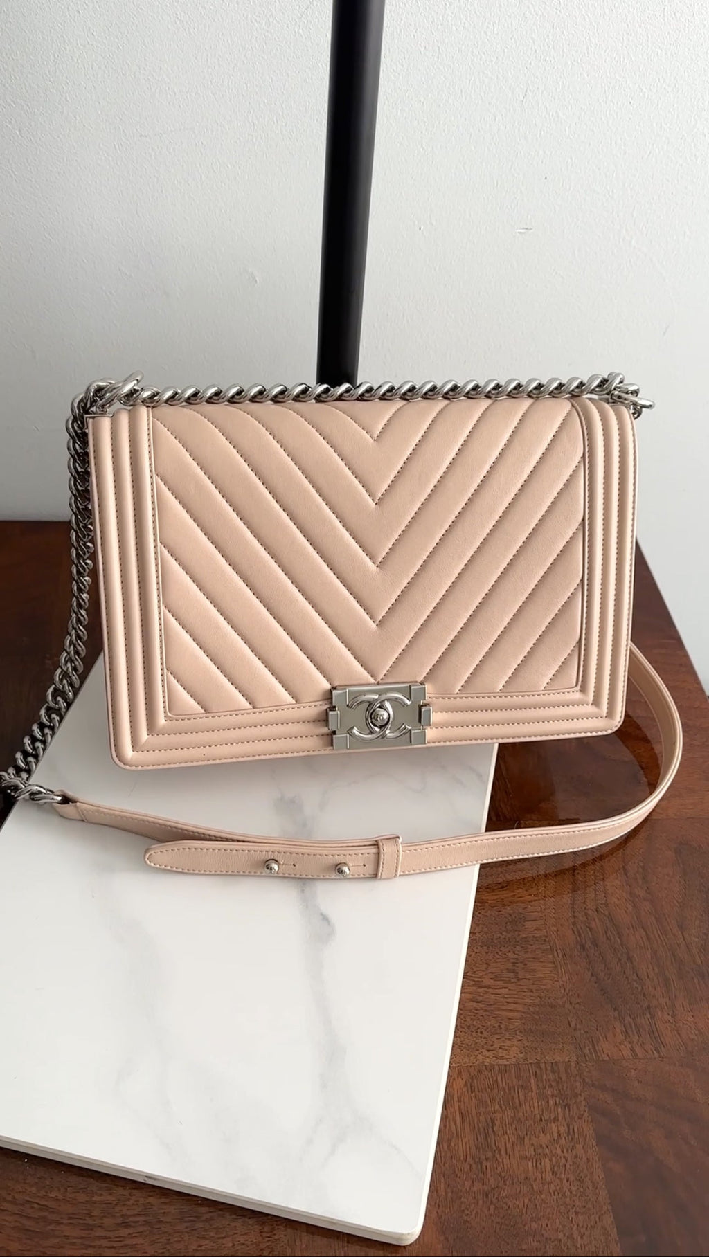Chanel Nude Beige Chevron Quilted Leather Large Le Boy Bag