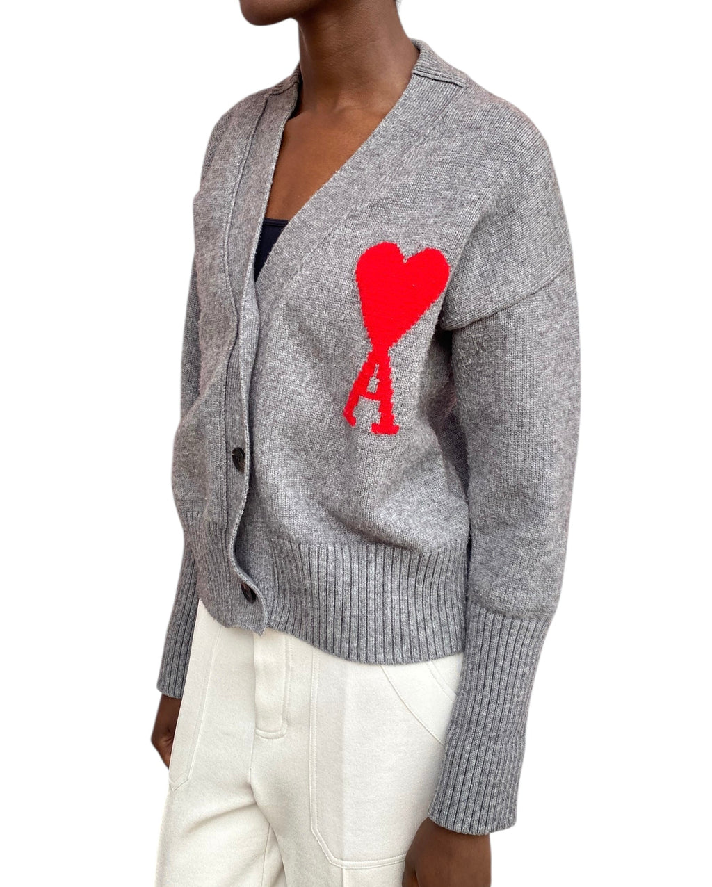 Ami Paris Grey Wool Knit Logo igan - M / US 6